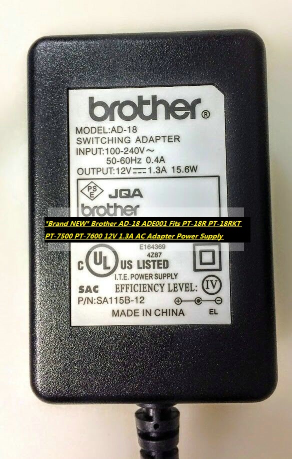 *Brand NEW* Brother AD-18 ADE001 Fits PT-18R PT-18RKT PT-7500 PT-7600 12V 1.3A AC Adapter Power Supply